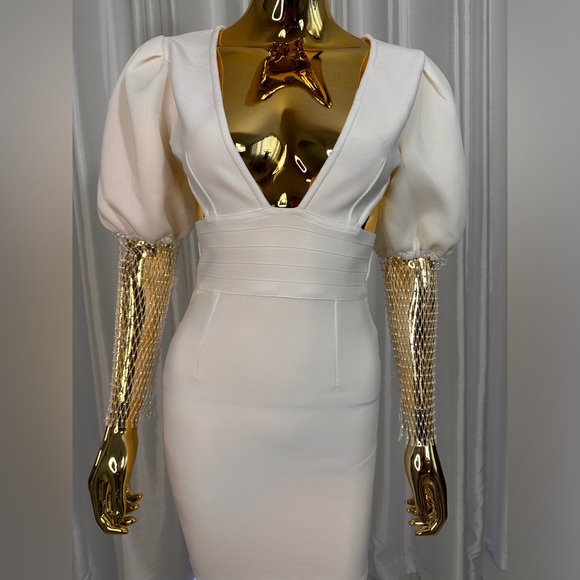 Ballon Sleeve Crystal Mesh Cut Out Mini Bandage Dress - Picture 7 of 7